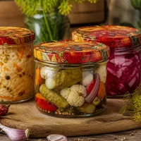 225ml Sturzglas Obst-Dekor mit eingelegtem Mischgemüse, Einmachglas für Pickles und fermentierte Konserven