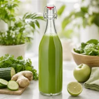 1000ml Glasflasche mit Bügelverschluss gefüllt mit grünem Saft umgeben von frischen Zutaten wie Gurke Ingwer
