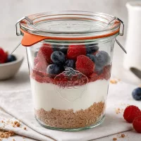 WECK Sturzglas 290ml RR80 als Dessertglas mit Joghurt Beeren und Müsli in Schichten auf weißer Oberfläche
