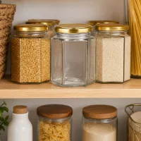250g Honigglas hexagonal BasicSeal mit Golddeckel in Pantry-Regal zwischen Vorratsgläsern für Küchenorganisation
