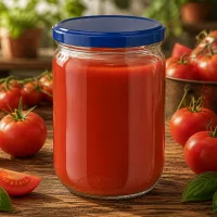 Lebensmittelechtes 555ml Einmachglas UNiTWIST mit blauem Deckel für Tomatenkonserven