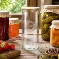 WECK Sturzglas RR100 1500ml Einmachglas mit Holzdeckel in rustikaler Küche mit Marmelade und eingelegten Gurken