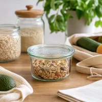 WECK Sturzglas 165ml RR80 mit Nussmischung gefüllt in natürlicher Küchenumgebung mit Vorratsgläsern und Gemüse