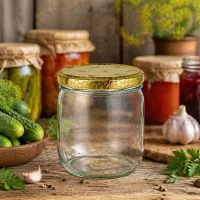 500g Honigglas mit Bienenwaben-Deckel in rustikaler Küchenatmosphäre mit Einmachgläsern und frischen Kräutern