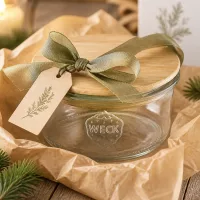WECK Sturzglas 165ml RR80 als Geschenkset mit grüner Schleife und Anhänger auf Holztisch weihnachtlich dekoriert