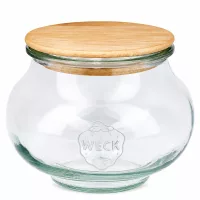 WECK Schmuckglas 560ml RR80 mit rundem Holzdeckel aus Eiche transparentes Vorratsglas mit Weck Logo