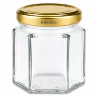 60g Honigglas sechseckig mit goldenem Schraubdeckel BioSeal UNiTWIST für Honig und Marmelade