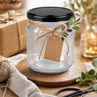 212ml Rundglas mit schwarzem BasicSeal Deckel leer dekoriert mit Juteschnur Geschenkanhänger und Olivenzweig