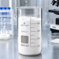 Transparentes Becherglas 600ml UNITWIST hohe Form mit weißem Feststoff bis zur 600ml Marke