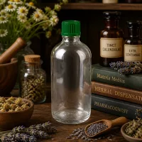Apothekerflasche 100ml ClearLine UT18/100 aus transparentem Glas mit grünem Kindersicherheitsdeckel