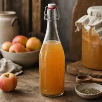 750ml Glasflasche Bügelverschluss mit Apfelsaft befüllt rustikale Küche Obst Holztisch natürlich hausgemacht
