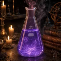 Atmosphärische Laborszene mit glühendem Erlenmeyerkolben und alchemistischer Stimmung