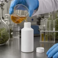 Schraubflasche HDPE 50ml weiß ohne Deckel wird mit bernsteinfarbenem Öl im Labor gefüllt