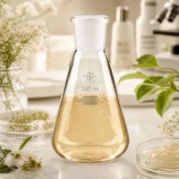 Erlenmeyerkolben 300ml mit gelblicher Testlösung und Normschliff 29/32 für analytische Chemie
