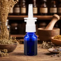 Wiederverwendbare 10ml Nasensprayflasche Blauglas mit ergonomischem weißen Sprühaufsatz