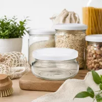 Leeres 120ml Terrinenglas mit weißem Deckel in nachhaltiger Zero-Waste Küche mit Vorratsgläsern und Öko-Produkten