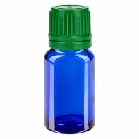 Zylindrische 10ml Glasflasche blau mit geripptem grünem Verschluss SV-System