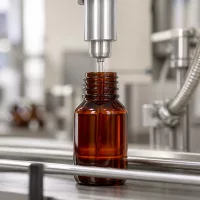 Serienproduktion 50ml PET Flasche mit grünem Originalverschluss auf Förderband einer Abfüllmaschine
