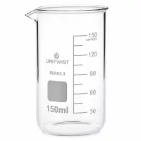 Messbecherglas 150ml hohe Form UNITWIST Borosilikat mit weißer Skala und Ausgießer