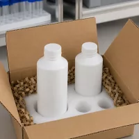 Apothekenflaschen HDPE 100ml weiß in Karton mit Schaumstoffeinsatz und Papierfüllung für Laborbedarf