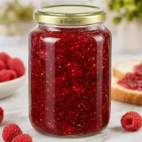 1000g Honigglas befüllt mit roter Himbeermarmelade zeigt praktische Verwendung für Einmachen und Aufbewahrung