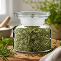 Transparentes Weithals Gewürzglas 100ml mit grünem Kräutersalz und Glasstopfen