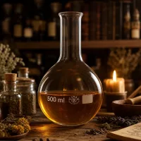 Rundkolben 500ml Enghals aus transparentem Glas in nostalgischem Labor-Ambiente