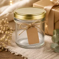 Dekoratives Sturzglas 125ml UNiTWIST mit Golddeckel und Kraftpapier-Etikett zum Beschriften