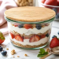 WECK Mini Sturzglas 50ml als Dessertschale mit Joghurt-Beeren-Schichtdessert und Bambusdeckel auf weißem Marmortisch