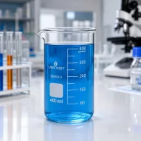 Laborbedarf Becherglas hohe Form 400ml Borosilikatglas 3.3 mit Mikroskop im Hintergrund