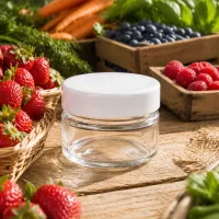 80ml Rundglas mit weißem Deckel zwischen frischen Beeren - stilvolle Glasdose für natürliche Kosmetik und Cremes