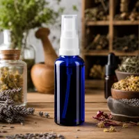 Kompakte blaue Sprühflasche aus Apothekerglas mit schwarzem Steigrohr für Aromatherapie
