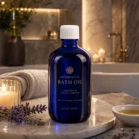 Zylindrische blaue Glasflasche 100ml auf Marmor mit Kerzendekor und Naturkräutern