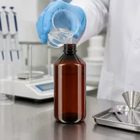 Großformatige braune 750ml PET Laborflasche mit OV beim präzisen Abfüllen von Flüssigkeiten