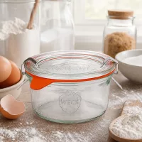 WECK Sturzglas 165ml RR80 in Küche mit Backzutaten, Eiern, Mehl und Milch für hausgemachte Rezepte