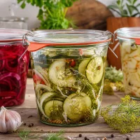 WECK Sturzglas 290ml RR80 mit eingelegten Gurken und Gewürzen neben anderen Einmachgläsern auf Holzoberfläche