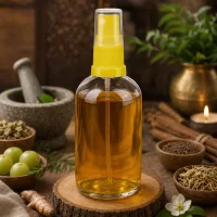 Naturkosmetik Sprühflasche 100ml transparent gelber Kopf neben Mörser und Kerze