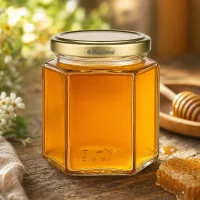520g Honigglas hexagonal mit BioSeal Golddeckel gefüllt mit natürlichem Honig neben Wabe und Honiglöffel