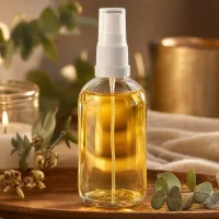 100ml Flakon ClearLine UT18 mit weißem Sprühkopf befüllt goldgelbes Pflegeöl Spa Setting