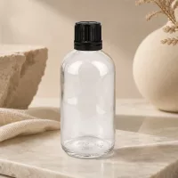 Apotheken Vorratsflasche 100ml Klarglas enghalsig mit schwarzem Verschluss für Pulver
