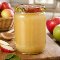 Großes 555ml UNiTWIST Rundglas mit Obstdekor Deckel neben Apfelscheiben und Holzlöffel