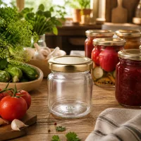 Kleines Konservenglas 53ml in herbstlicher Einmachküche mit Frischgemüse und Kräutern
