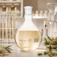 Wissenschaftlicher Glaskolben 1000ml in modernem Labor-Setup mit organischen Materialien und Kräutern