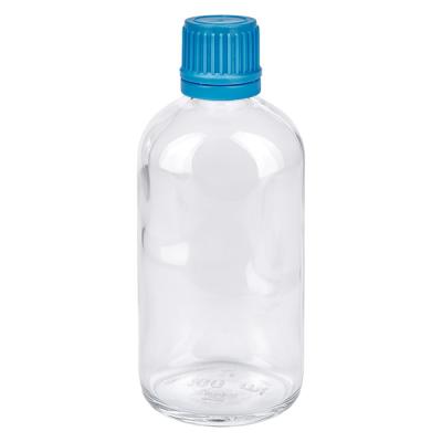 Zylindrische 100ml Klarglasflasche mit blauem Kunststoffdeckel für Pharma und Labor