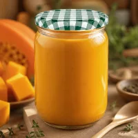 UNiTWIST 555ml Rundglas mit Karodeckel gefüllt mit orangefarbenem Gemüsepüree