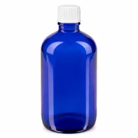 Zylindrische blaue Apothekerflasche Glas 100ml mit weißem Originalitätsverschluss