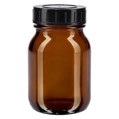 Kleine Weithalsflasche 75ml aus UV-schützendem Braunglas mit schwarzem Schraubdeckel