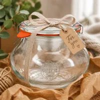 WECK Schmuckglas 560ml dekorativ verpackt mit Schleifenband und Geschenkanhänger, als Geschenkidee präsentiert