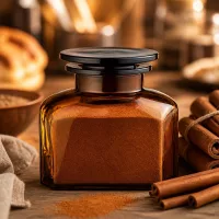 Gewürzaufbewahrung in quadratischer Apothekerflasche 150 ml mit Zimt und Zimtstangen