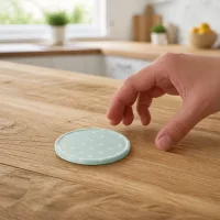 BasicSeal TO63 Konservendeckel mintgrün mit Pünktchendesign griffbereit auf Holzoberfläche